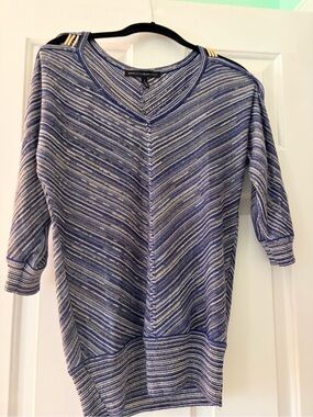 White House Black Market Blue and White Striped V-Neck Top